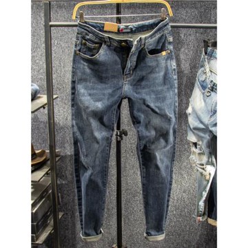 原宿風高端彈力牛仔褲男修身小腳2024春秋新款復古百搭長褲子