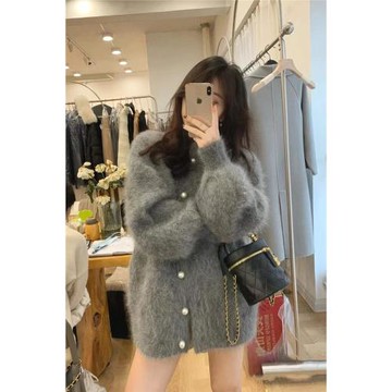 女士精品保暖加厚水貂絨毛呢外套圓領針織衫中長款燈籠袖韓版慵懶