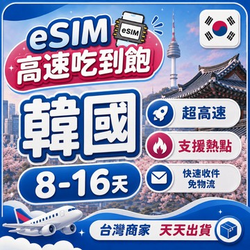 eSIM 韓國高速網卡 8-16天 中天數 首爾/釜山/大邱/濟州島/仁川 e-sim 上網卡 網路 網卡 南韓 吃到飽