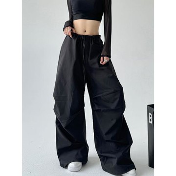 黑色美式大口袋闊腿褲女春秋新款2025抽繩寬松顯瘦休閑工裝長褲子