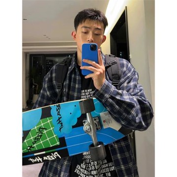 美式復古設計感寬松oversize長袖格子襯衫男女早春季休閑情侶襯衣