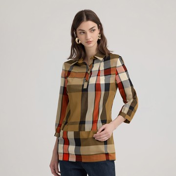 ILEY伊蕾 格紋拼接寬鬆縲縈長版上衣(卡其；M-2L)