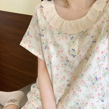 田園風小碎花睡衣女夏季新款圓領花邊短袖套裝學生宿舍舒適家居服 女睡衣 短袖睡衣 冰涼睡衣 家居服 莫代爾睡衣 牛奶絲絨睡