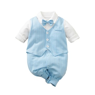 JoyNa - 寶寶西裝連身衣 淺藍紳士 長袖包屁衣-淺藍紳士