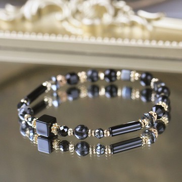 黑曜石 黑瑪瑙 黑碧璽 黑髮晶。紐約之夜。避邪健康平安水晶手鍊