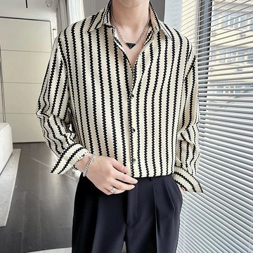 男裝感薄款条纹衬衫长袖宽松春夏季新款垂感韩版痞帅休闲撞色高级衬衣