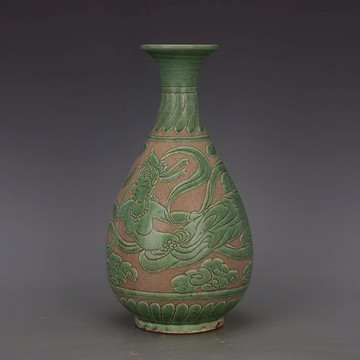 宋 磁州窯綠釉【仙女下凡】暗刻玉壺春瓶 仿古瓷器舊貨出土古玩