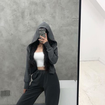 YoungGirlDay歐美風寬松短款開衫拉鏈運動休閑連帽衛衣女外套