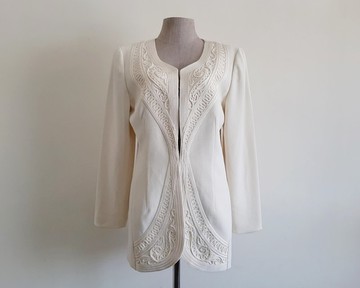 Vintage Cream Embroidered Jacket Womens Embellished Polyester Blazer XS