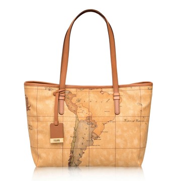 【Alviero Martini 義大利地圖包】扣式長把手提肩背托特包(中)-地圖黃