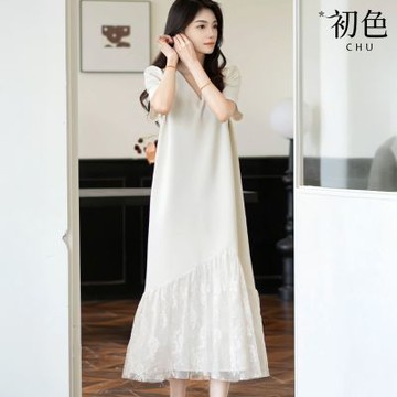 初色 法式氣質純色蕾絲拼接V領短袖中長裙連衣裙連身洋裝-白色-13588(M-XL可選)