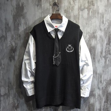 美式假兩件襯衣馬甲兩件套毛衣潮流DK制服襯衫學院風男潮秋冬