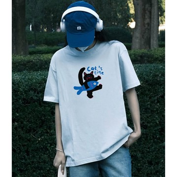 MXIAN - 純棉寬版印花T恤-摸魚時間-藍色