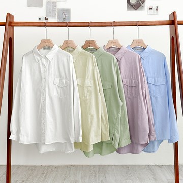 【Fee隔日到貨5色新品】純棉翻領排釦寬鬆長版襯衫🔥襯衫女 男友襯衫 長袖襯衫 白色襯衫 粉色襯衫 綠色襯衫 長袖上衣