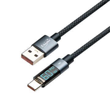 E-books 鋁製 USB-A to C 60W數位顯示充電傳輸線 支援PD快充 3A大電流  1m  黑色  1條
