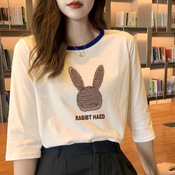 中袖上衣女七分袖純棉t恤女2024年新款春夏季寬松小眾設計感洋氣