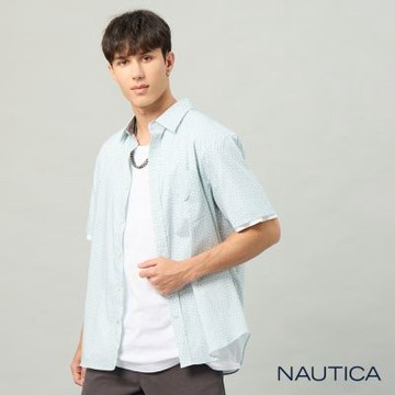 Nautica 官方旗艦 男裝 滿版幾何印花短袖襯衫-藍色