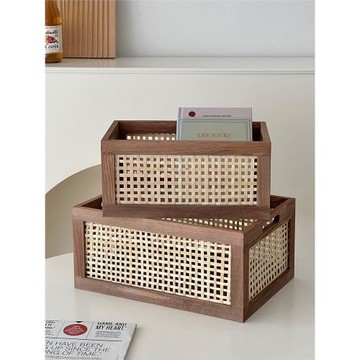 日式ins桌面書本整理收納盒客廳茶幾零食雜物復古木質竹編收納筐