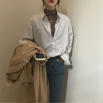 打底襯衫女內搭疊穿春秋新款法式豎條紋百搭長袖襯衣配馬甲ins潮