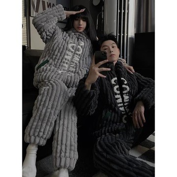 情侶睡衣女秋冬季珊瑚絨加絨加厚三層夾棉襖法蘭絨拉鏈家居服套裝