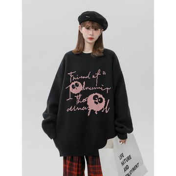 趣味卡通印花圓領毛衣女秋季2026新款潮牌寬松情侶百搭套頭針織衫