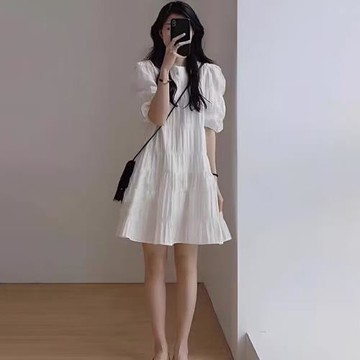 2025夏季新款法式溫柔風小個子減齡短裙寬松顯瘦泡泡袖白色連衣裙