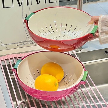 🔥可開發票#多巴胺拚色雙層瀝水籃傢用水果蔬菜洗菜籃子二閤一加厚洗菜瀝水盆#免運