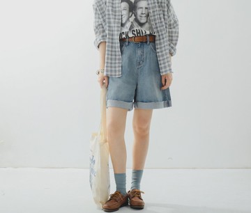 【水洗牛仔】美式復古/休閒百慕大短褲