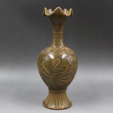 大周越窯刻花花口賞瓶手工仿古老貨瓷器家居擺件古董古玩老貨收藏1入