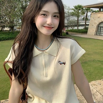 【砂糖夢境】韓系學院風polo領短袖針織T恤女2025夏季新款修身顯瘦學生上衣ins