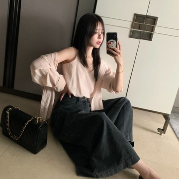 ˏˋ 𝐻𝑒𝑦 𝑆𝑝𝑟𝑖𝑛𝑔 - ̗̀🌷⛅️ ̖́‎韓國chic秋季韓系吊帶衫＋寬鬆百搭長袖襯衫兩件套