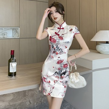 【臧女皇】隔日到貨 獨家定制台版S-XL新款旗袍復古花色改良旗袍短袖洋裝 改良復古小香風優雅收腰修身旗袍 聚