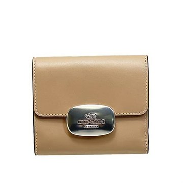 【COACH】馬車LOGO拼接皮革短夾-奶茶