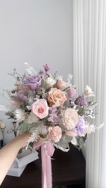 Flora Flower新娘永生花捧花-粉紅紫葳