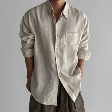 現貨免運！襯衫 長袖 長袖襯衫 亞麻卡其色長袖襯衫男春夏復古高級感帥氣英倫雅痞風寬松薄款襯衣 八折下殺 打骨折 可開發票 加客服賴享受巨額優惠
