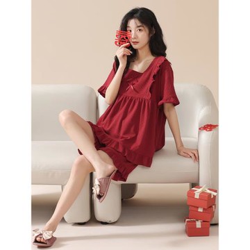 芬騰可安華夫格睡衣女春秋季薄款純棉短袖紅色新婚喜慶家居服套裝