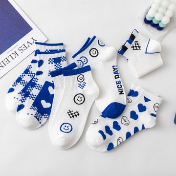 克萊因藍色襪子 方格笑臉女襪 白底愛心運動襪 舒適棉質短襪