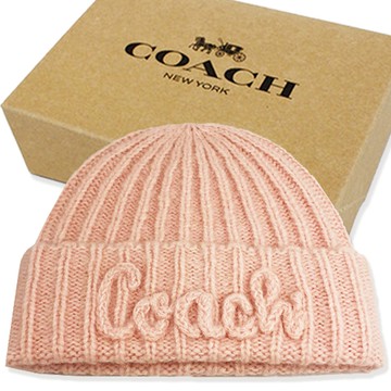 【COACH】字母LOGO 混羊毛毛帽附禮盒(粉)