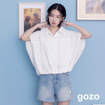 【gozo】抗UV抗皺下擺抽皺涼感連袖襯衫(深藍/白色_F) | 女裝 襯衫領 涼感