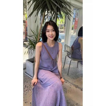 🌻爆款直降價🌻 連衣裙女 度假 長裙  茶歇法式紫色浪漫鏤空針織鉤花連衣裙女裝夏季收腰無袖背心長裙女