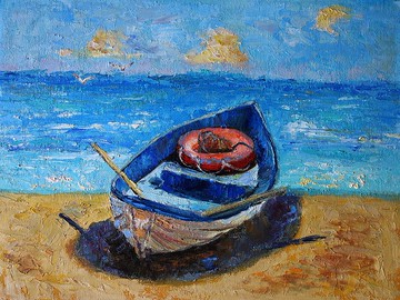 漁船油畫海景原創藝術航海藝術品