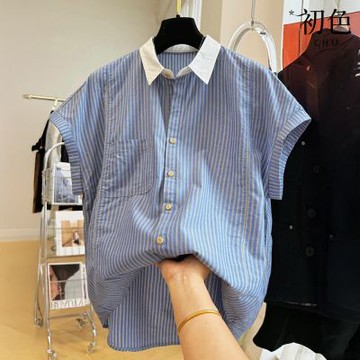 初色 法式復古風豎條紋撞色翻領連肩短袖襯衫上衣女上衣-藍白條紋-13677(M-2XL可選)