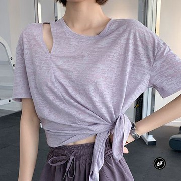 【台灣出貨】開叉打結運動T恤女寬鬆大碼跑步健身服速幹上衣夏薄款短袖瑜伽服運動短袖女運動衣瑜伽短袖健身短袖女