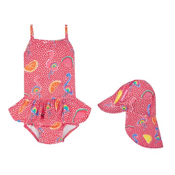 英國 JoJo Maman BeBe - 連身式泳裝(內有尿布褲)+防曬護頸遮陽帽-夏威夷紅鶴_JJH3945+繽紛紅鶴_JJH3981