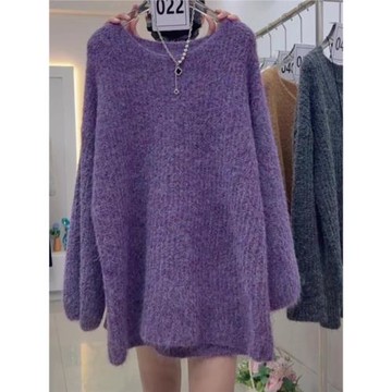 韓系中長款毛衣女2025秋冬新款長袖洋氣上衣加厚寬松紫色針織衫潮
