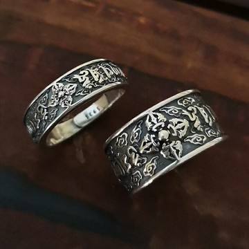 古法銀戒指男藏銀925純銀 女復古六字真言戒子招財情侶西藏食指寬