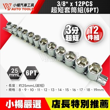 【小楊汽車工具】3/8" 三分 超短套筒組 12pcs 3分 6角 六角 手動 超短 套筒 短套筒 短白套筒