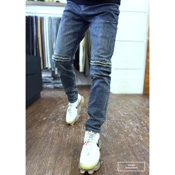 E7th.厚磅平行抽鬚小直筒(E7JK2802510) 單寧刷白 抽鬚破壞 牛仔破褲 顯瘦修身窄管 補丁破壞 男生牛仔褲