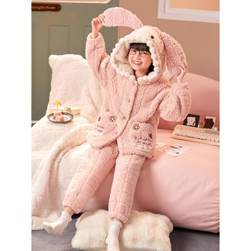 宮蝶兒童睡衣女秋冬季珊瑚絨加絨加厚可愛卡通女童親子家居服套裝
