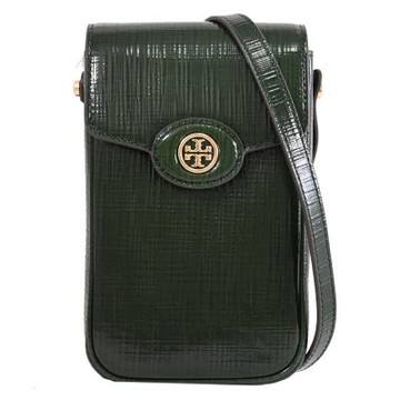 TORY BURCH Robinson 金屬LOGO漆皮翻蓋式斜背小包/手機包(深綠)